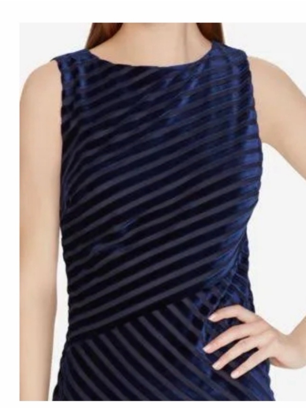 BNWT Lauren Sleeveless Navy Diagonal Velvet Stripe Sheath Dress - Picture 2 of 11
